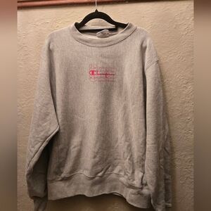 Vintage Champion Reverse Weave Grey Sweatshirt Pink Logo USA Medium